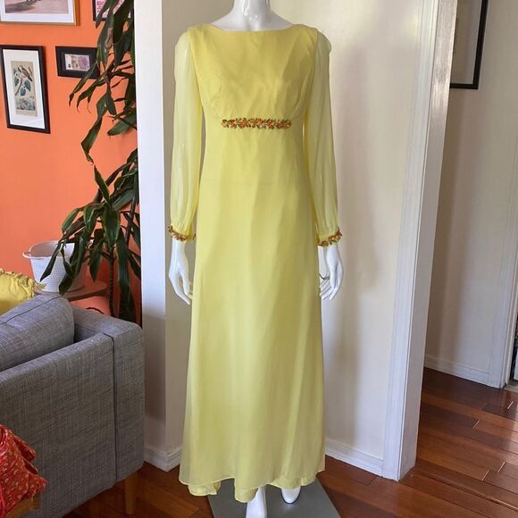 Vintage Lemon Yellow 60s/ 70s Maxi Chiffon Gown - Picture 1 of 16